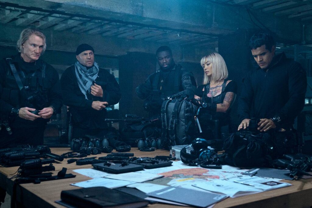 Dolph Lundgren, Randy Couture, 50 Cent, Levy Tran og Jacob Scipio i Expendables 4. 